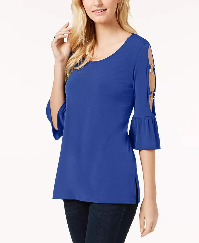 JM Collection Women's Ring-Detailed Cutout Ruffle-Sleeved Top Blue Size X-Large