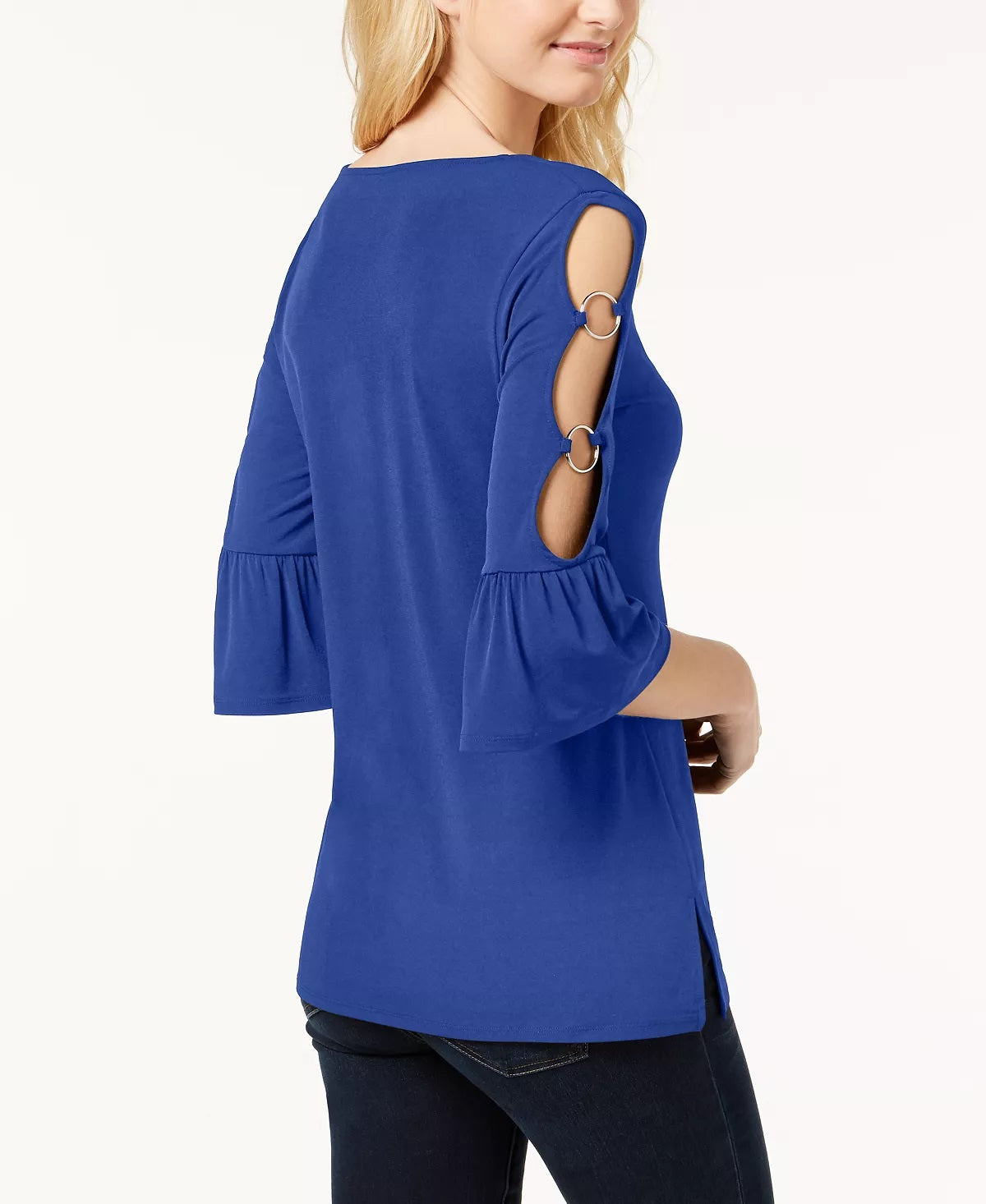 JM Collection Women's Ring-Detailed Cutout Ruffle-Sleeved Top Blue Size X-Large