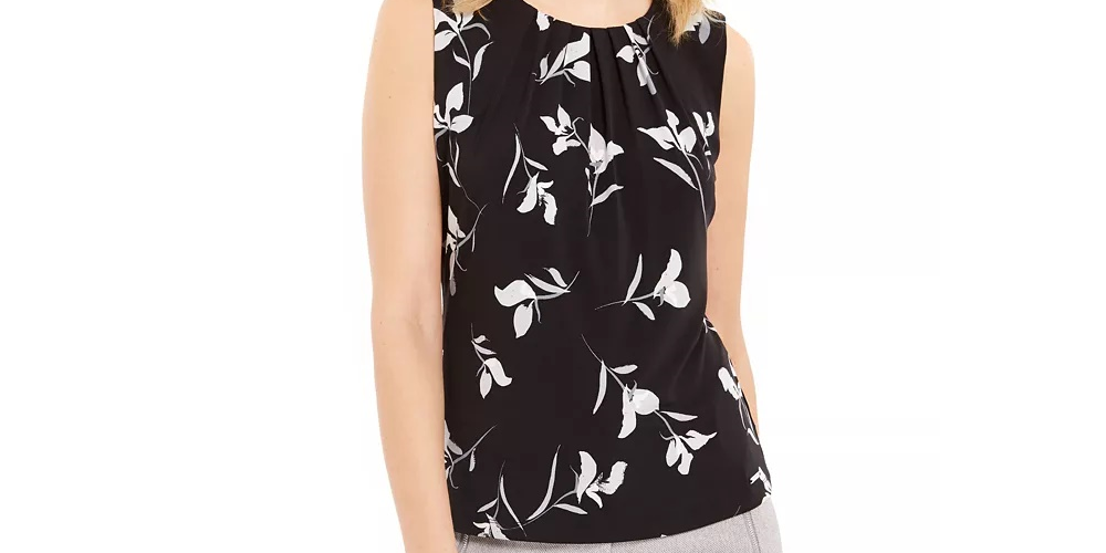 Calvin Klein Women's Floral Pleated-Neck Sleeveless Top Black/white Size X-Large