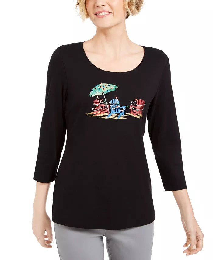 Karen Scott Women's Embellished 3/4-Sleeve Top Black Size Small