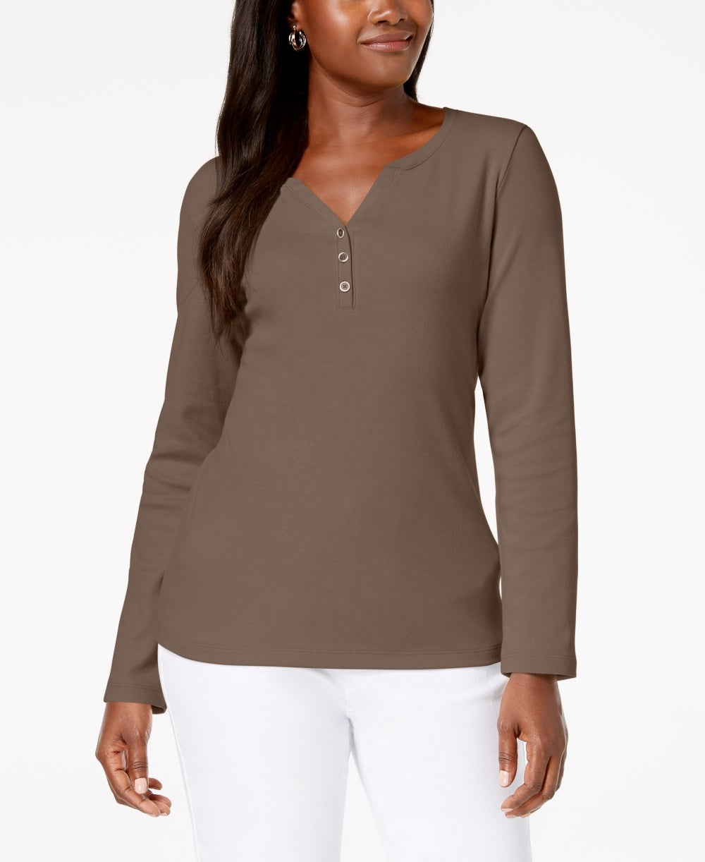 Karen Scott Women's Cotton Henley Top Chestnut Size Small
