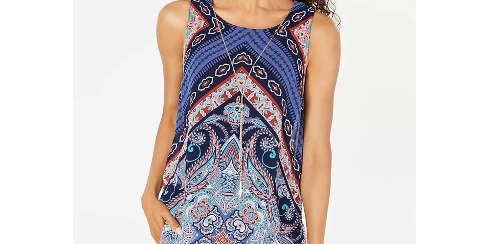 JM Collection Women's Sleeveless Printed Necklace Top Blue Size Medium