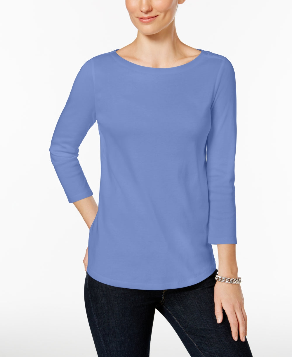 Charter Club Women's Petite Pima Cotton Button-Shoulder Top Blue Size -Petite L