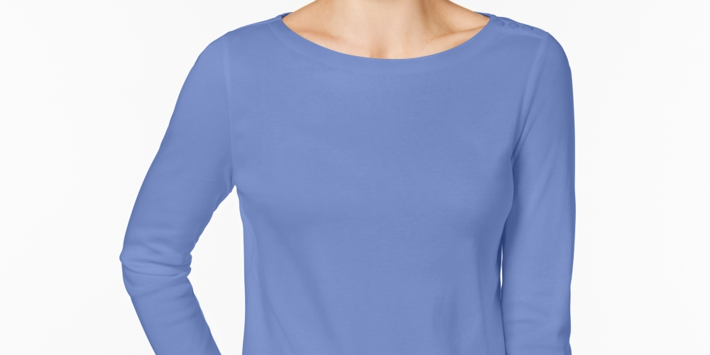Charter Club Women's Petite Pima Cotton Button-Shoulder Top Blue Size -Petite L