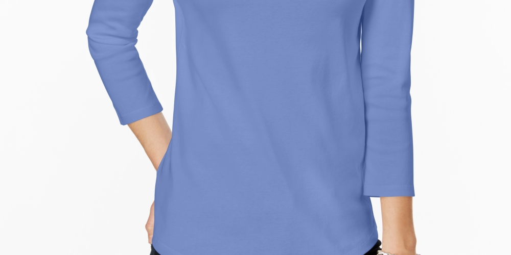 Charter Club Women's Petite Pima Cotton Button-Shoulder Top Blue Size -Petite L