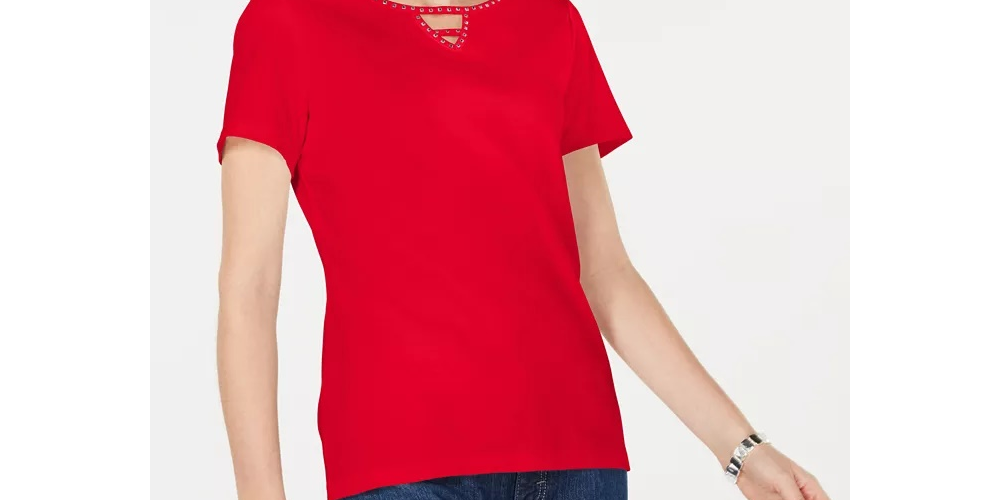 Karen Scott Women's Petite Cotton Studded Keyhole Top Aqua Size Medium