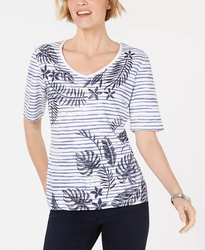 Karen Scott Women's Cotton Graphic Embellished Top White/green Size X-Large