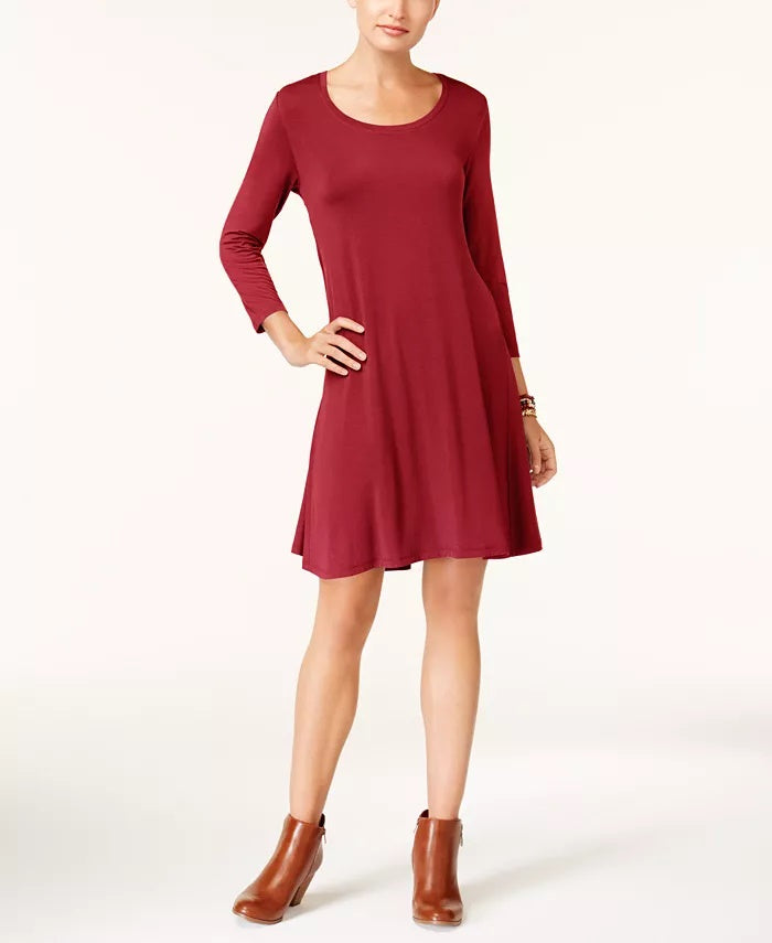 Style & Co Women's Petites 3/4 Sleeves Scoop Neck Shirt Dress Black Size PP