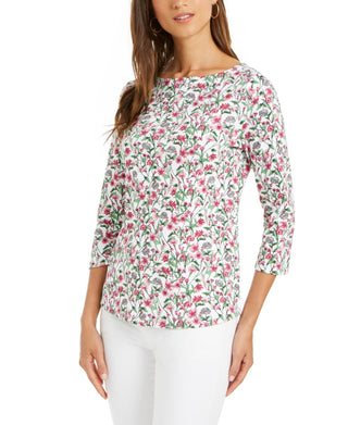 Charter Club Women's Cotton Floral Print Boat Neck Top White Size XX-Large