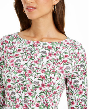 Charter Club Women's Cotton Floral Print Boat Neck Top White Size XX-Large