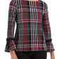 Charter Club Women's Embellished Plaid Bell Sleeve Jewel Neck Top Black Size Petite Small