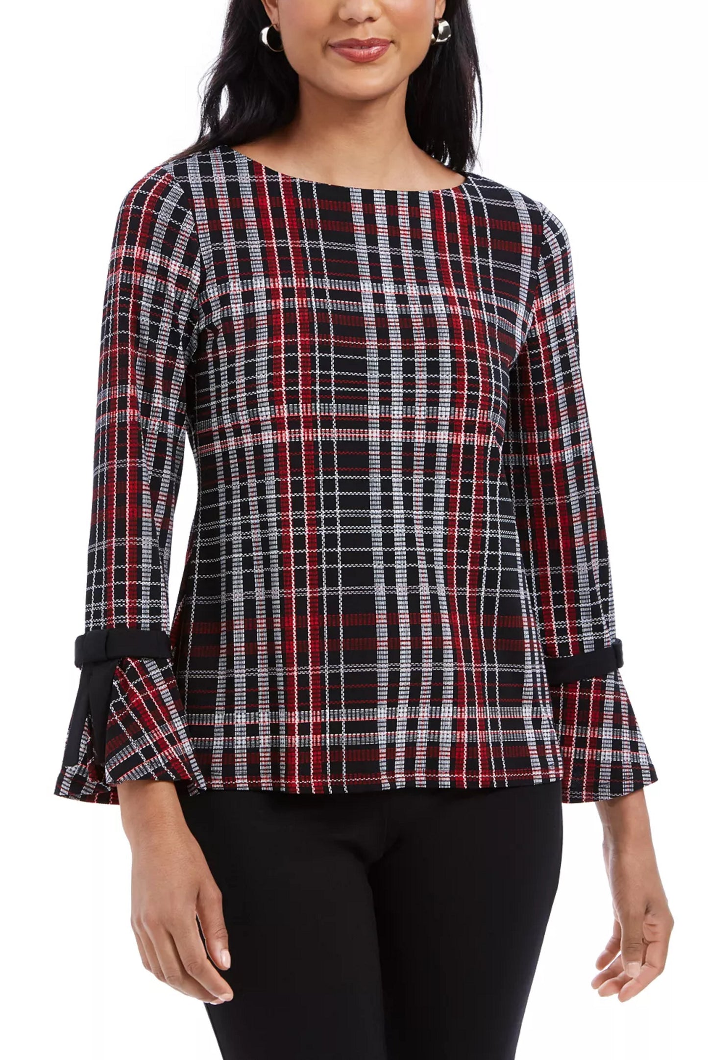 Charter Club Women's Embellished Plaid Bell Sleeve Jewel Neck Top Black Size Petite Small