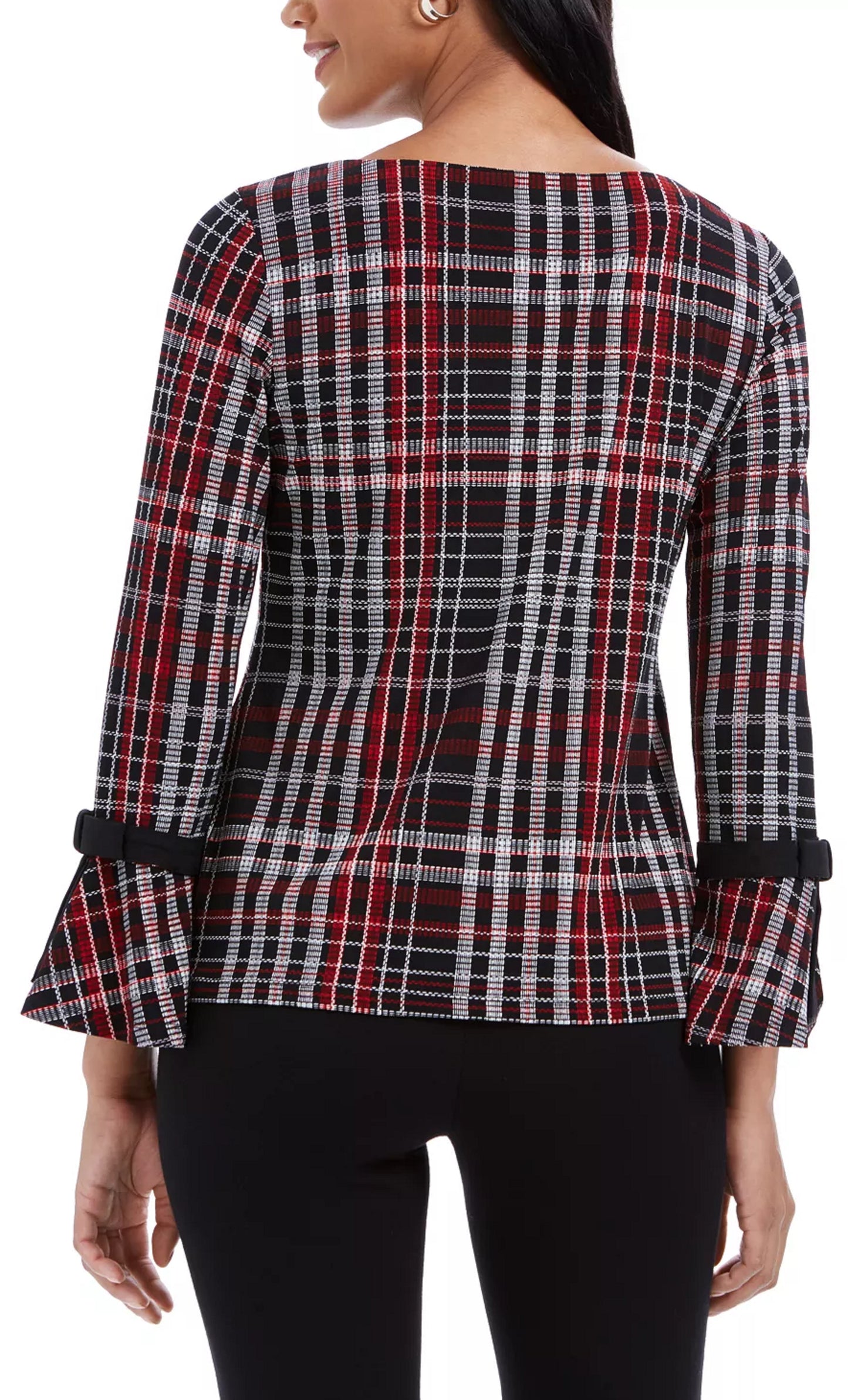 Charter Club Women's Embellished Plaid Bell Sleeve Jewel Neck Top Black Size Petite Small