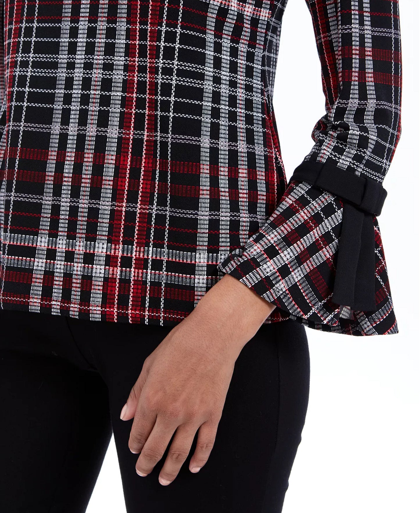 Charter Club Women's Embellished Plaid Bell Sleeve Jewel Neck Top Black Size Petite Small