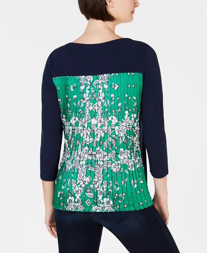 Charter Club Women's Contrast Pleated-Back Ribbed Top Blue/green Size X-Small