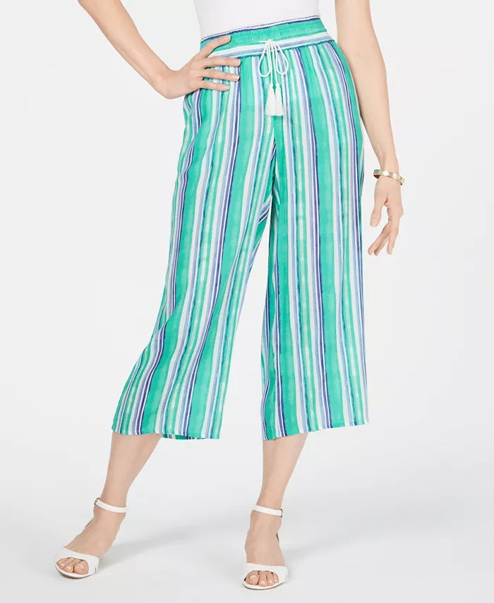Charter Club Women's Striped Wide-Leg Capri Pants Green Size Large