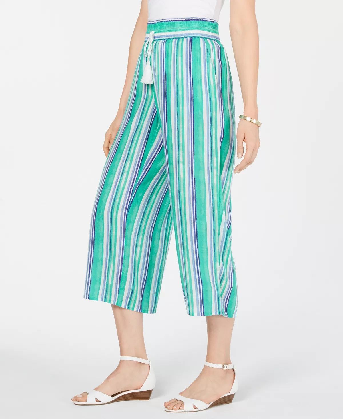 Charter Club Women's Striped Wide-Leg Capri Pants Green Size Large