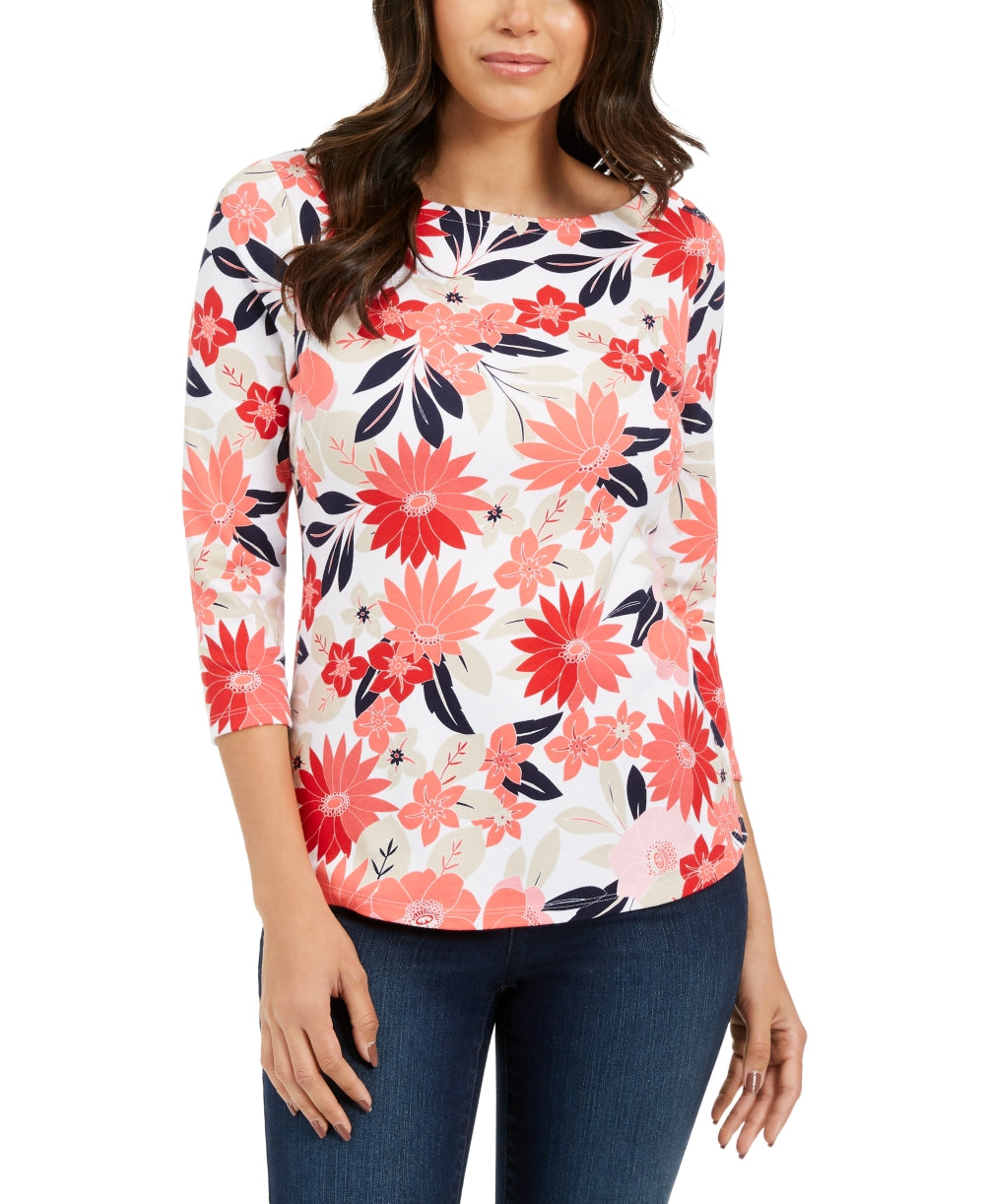 Charter Club Women's Cotton Printed Boatneck Top Red Size Petite S