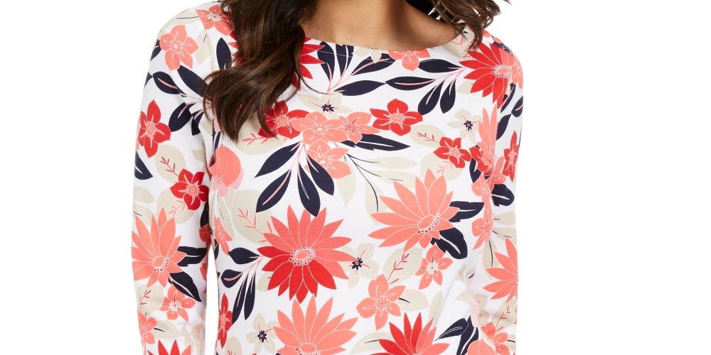 Charter Club Women's Cotton Printed Boatneck Top Red Size Petite S