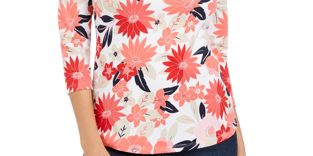 Charter Club Women's Cotton Printed Boatneck Top Red Size Petite S