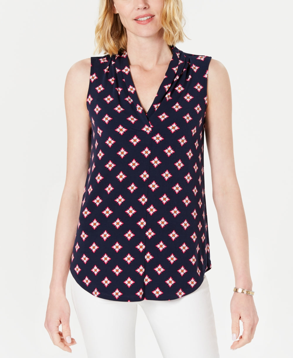 Charter Club Women's Petite V-Neck Printed Blouse Blue Size PXL