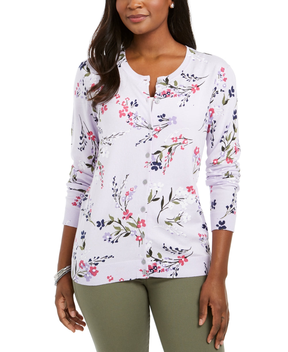 Karen Scott Women's Floral-Print Cardigan Purple Size XX-Large