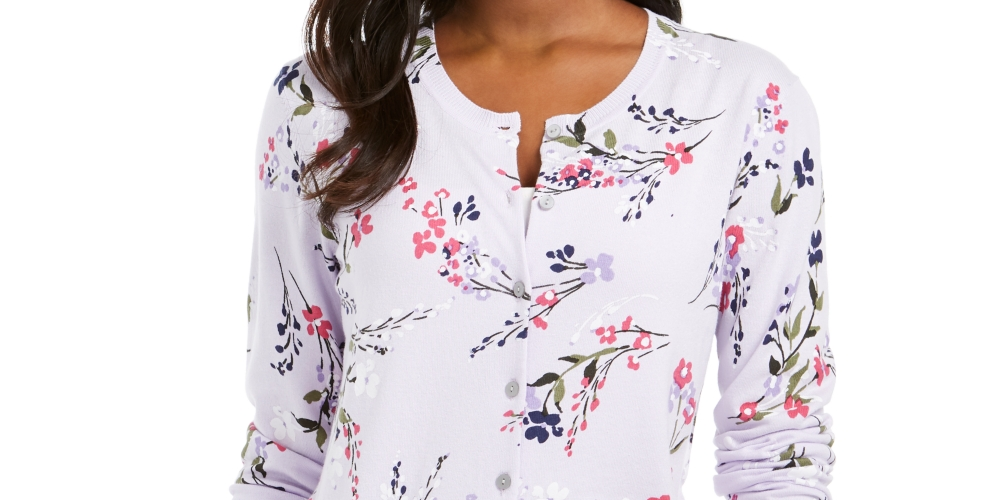 Karen Scott Women's Floral-Print Cardigan Purple Size XX-Large