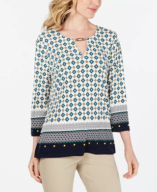 Charter Club Women's Printed Keyhole Top White Size Large