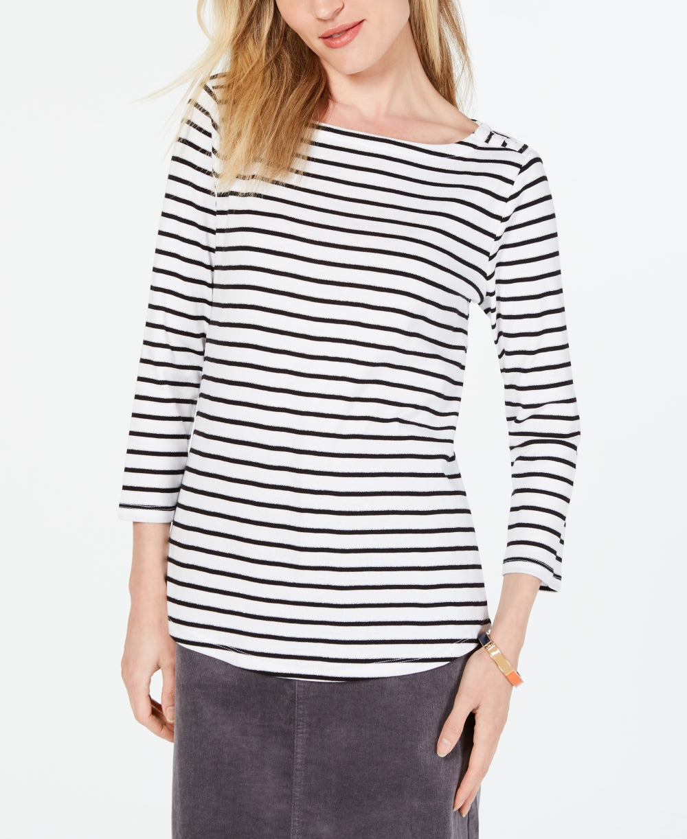 Charter Club Women's Petite Pima Cotton Button-Shoulder Print Top White Size Petite XL