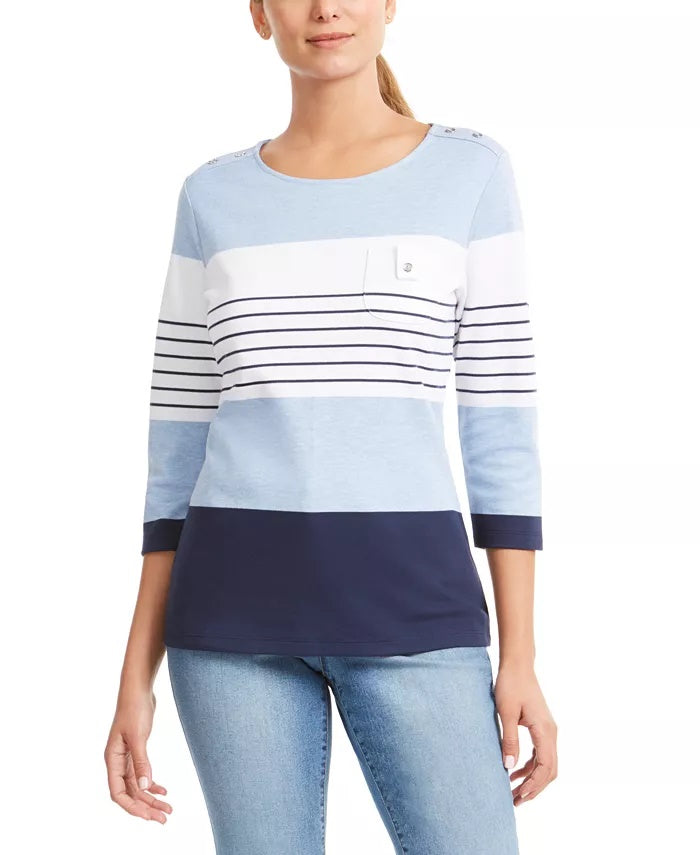 Karen Scott Women's Sport Colorblocked Button-Shoulder Top Blue Size Small
