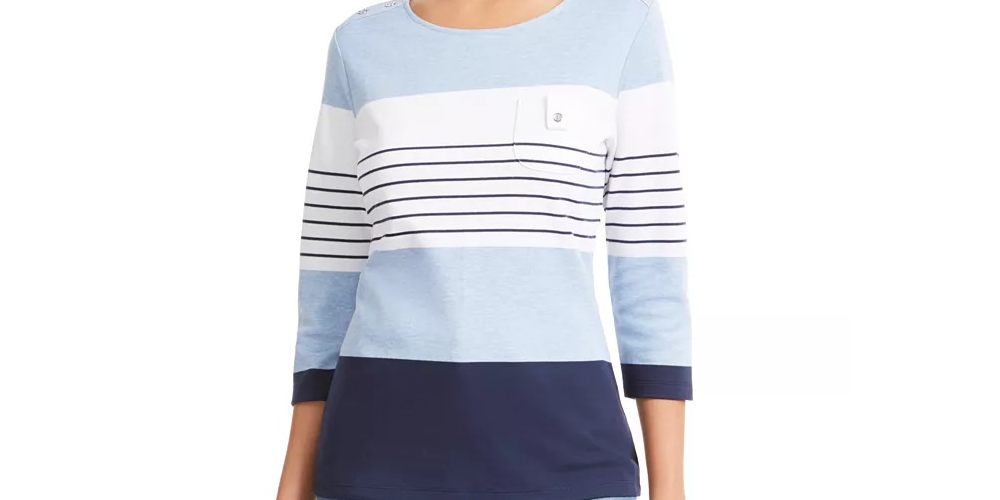 Karen Scott Women's Sport Colorblocked Button-Shoulder Top Blue Size Small