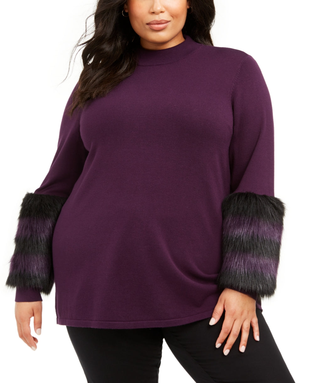 Alfani Women's Plus Size Mock-Neck Sweater With Faux-Fur Cuffs Purple Size 1X