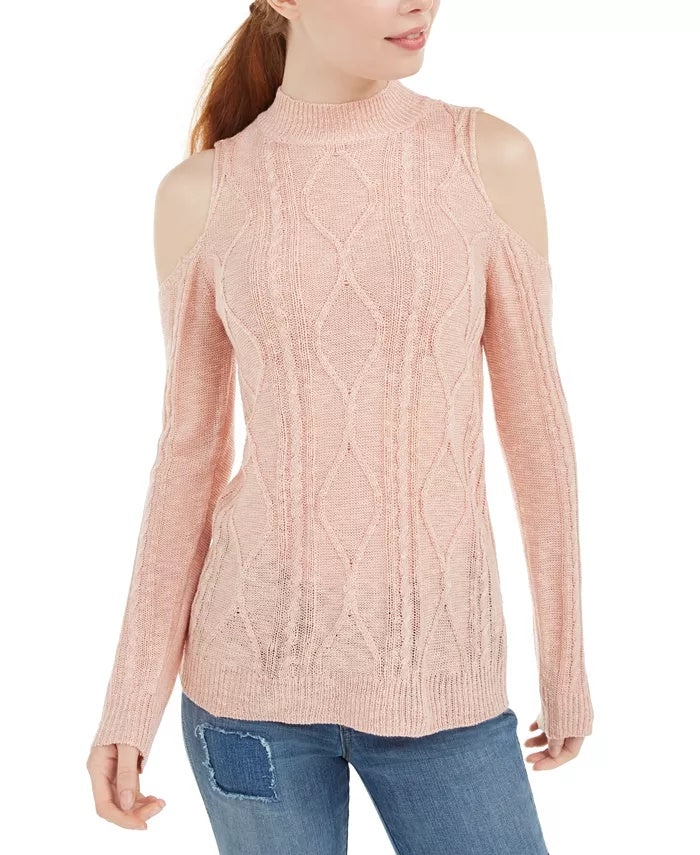 Ultra Flirt Juniors' Mixed-Knit Cold-Shoulder Sweater Pink Size Small