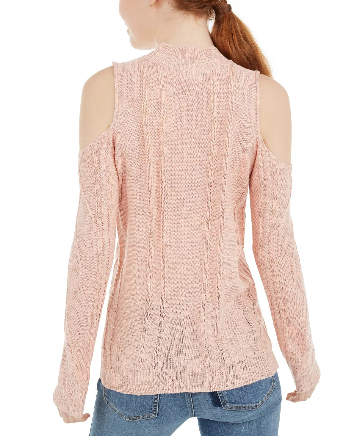 Ultra Flirt Juniors' Mixed-Knit Cold-Shoulder Sweater Pink Size Small