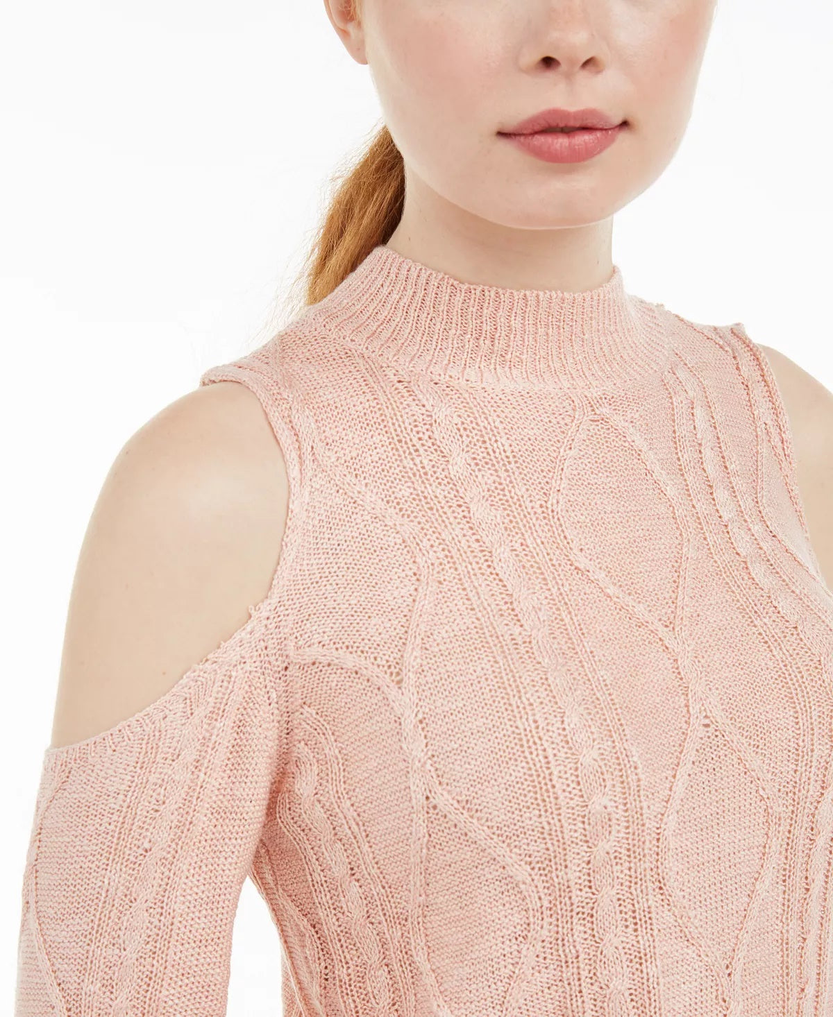 Ultra Flirt Juniors' Mixed-Knit Cold-Shoulder Sweater Pink Size Small