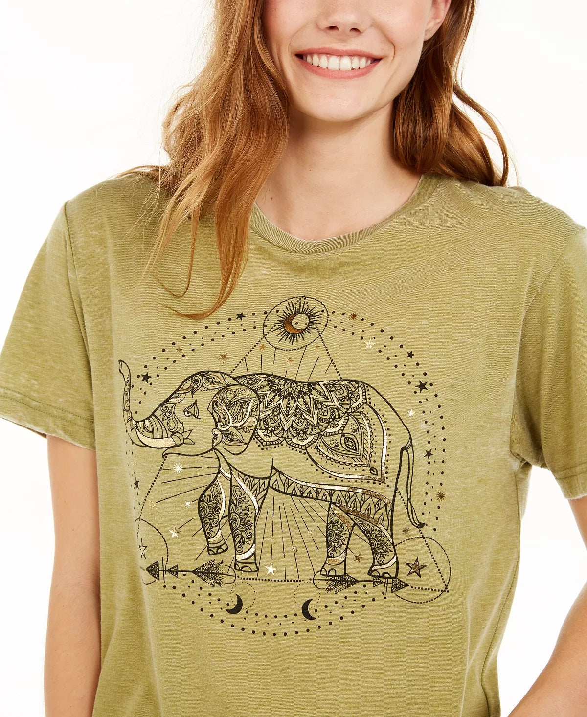 Rebellious One Juniors' Elephant Metallic Cropped Graphic T-Shirt Green Size Large