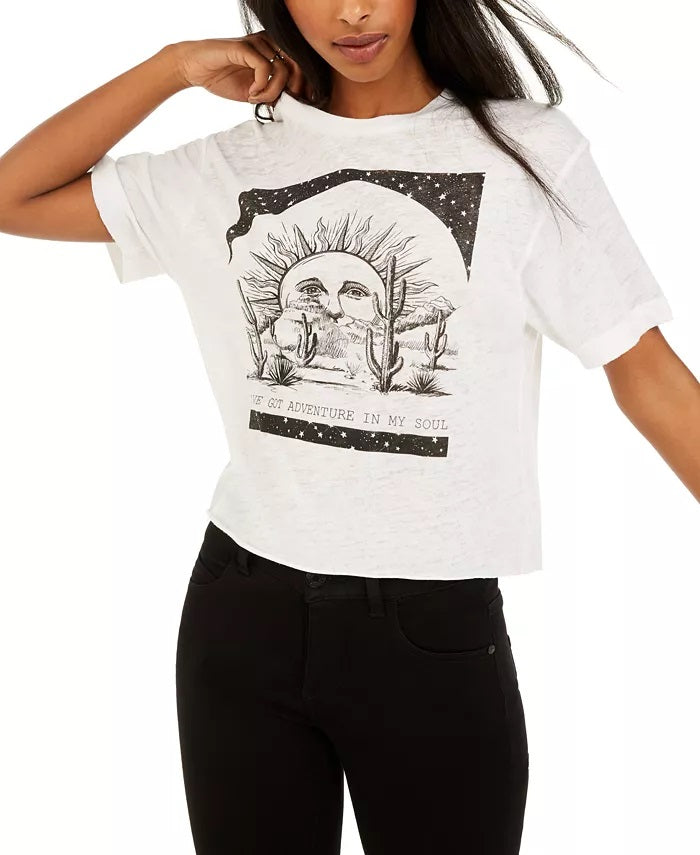 Rebellious One Juniors' Adventure Cropped Graphic T-Shirt White Size Large