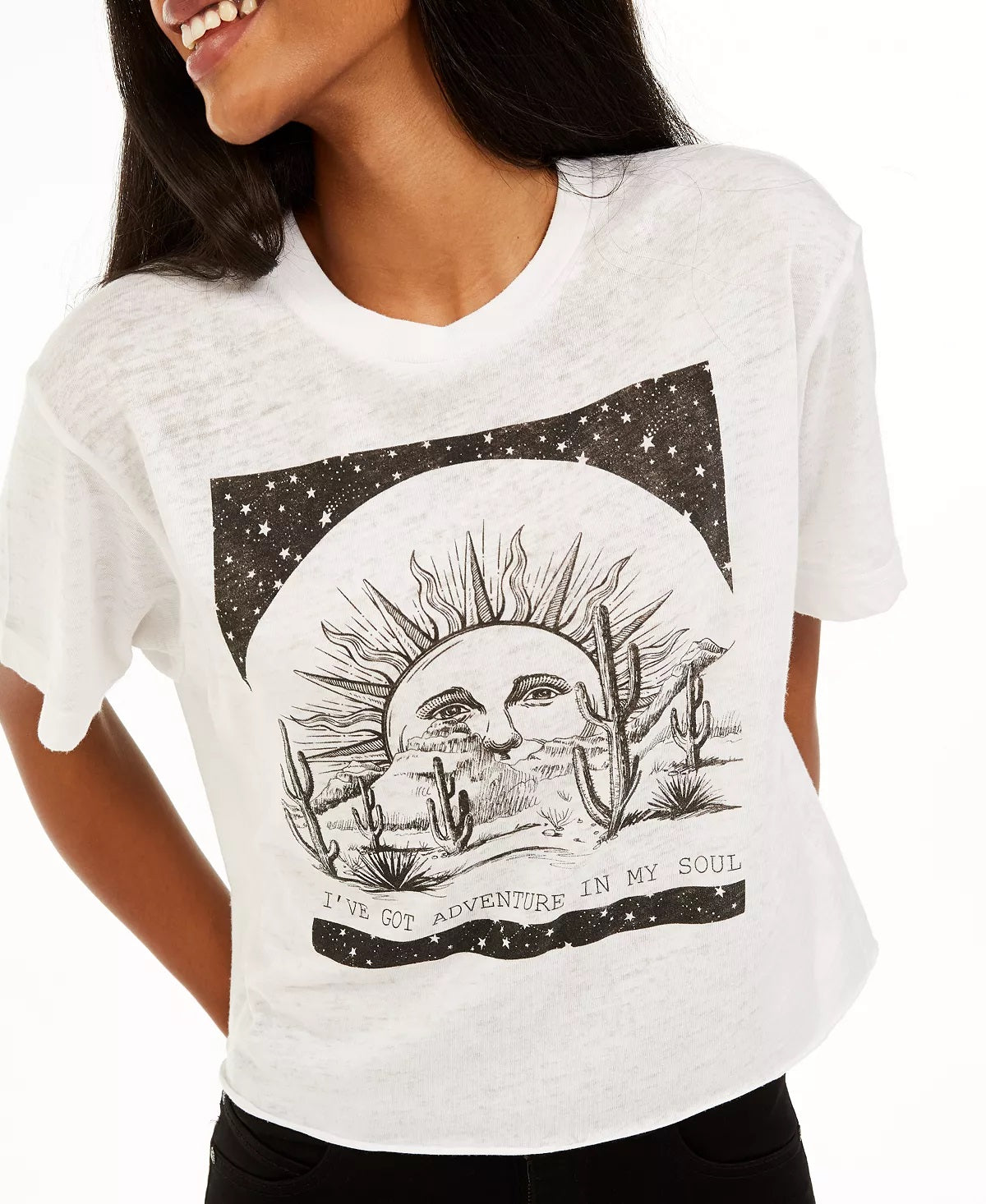 Rebellious One Juniors' Adventure Cropped Graphic T-Shirt White Size Large