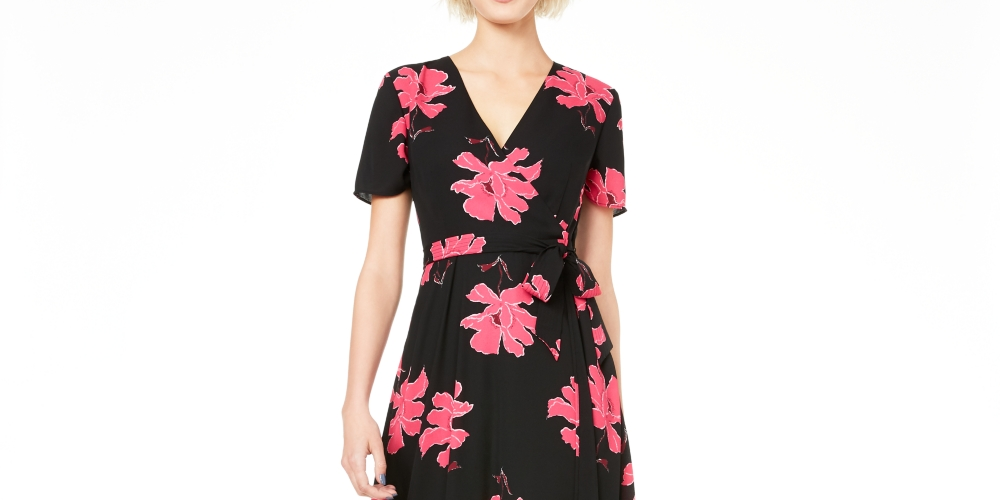 Alfani Women's Petite Printed Wrap Dress Black Size 10 Petite