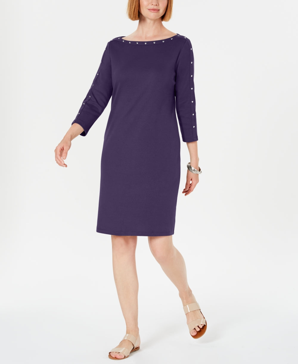 Karen Scott Women's Petite Boat-Neck Studded Dress Purple Size Petite Small