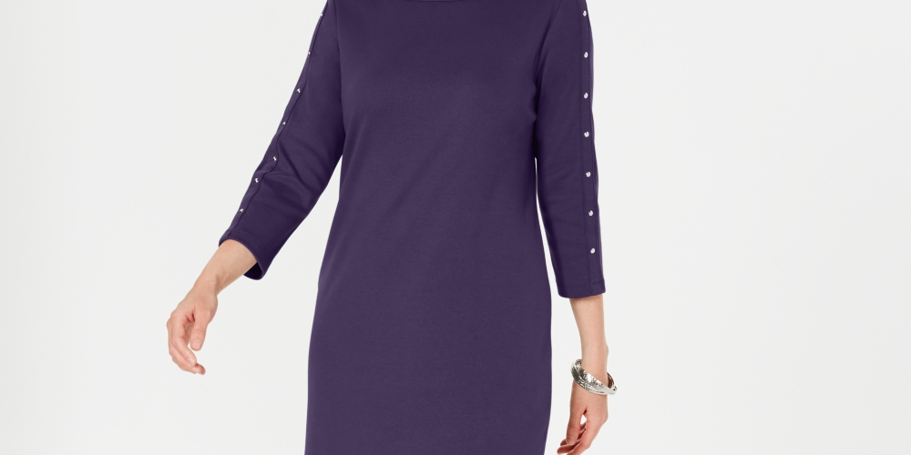 Karen Scott Women's Petite Boat-Neck Studded Dress Purple Size Petite Small