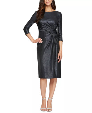 Alex Evenings Women's Navy 3/4 Sleeve Below The Knee Sheath Cocktail Dress Navy Size 10