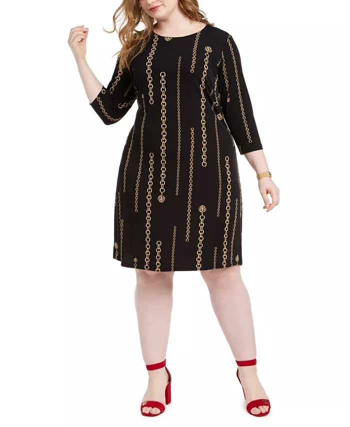 Tommy Hilfiger Women's Plus Chain Print Dress Black Size 18W