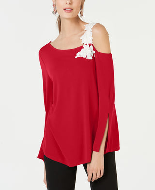 Alfani Women's Petite One-Shoulder Applique Top Red Size Petite S