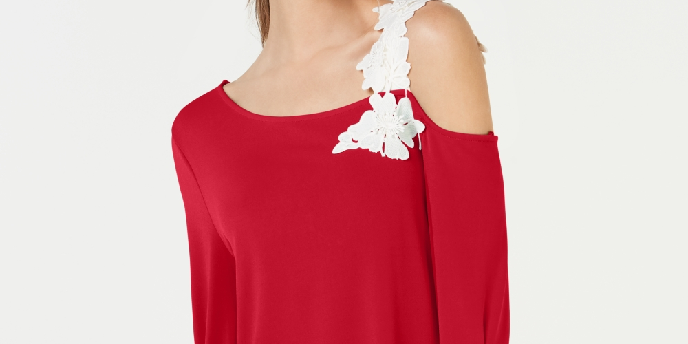 Alfani Women's Petite One-Shoulder Applique Top Red Size Petite S