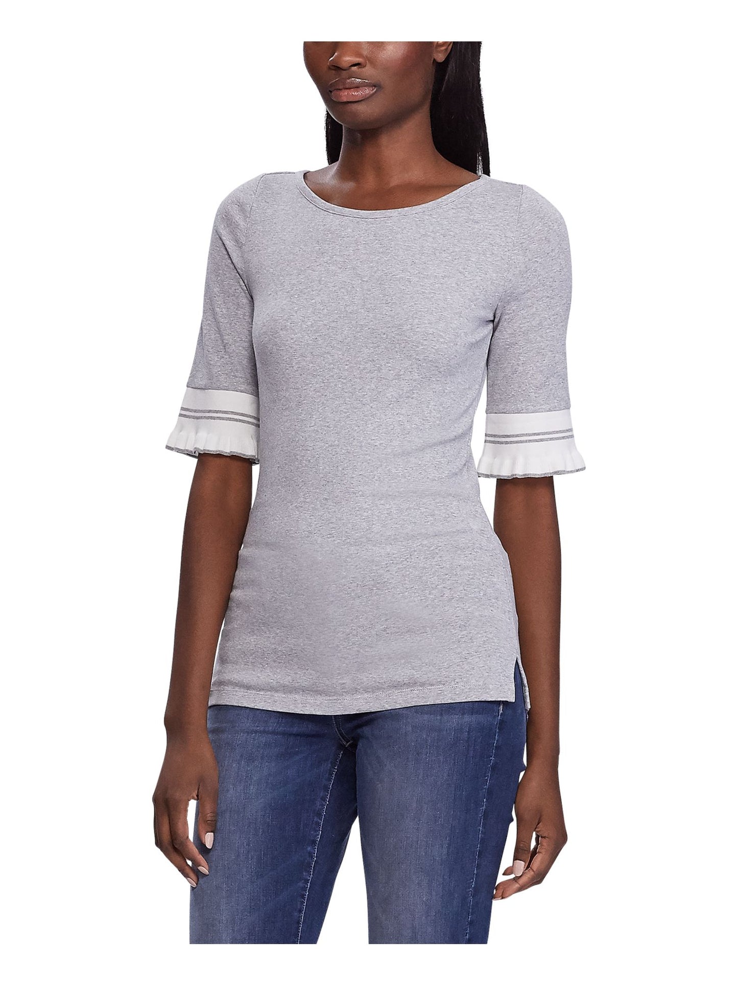 Ralph Lauren Women's Gray Ruffled Heather Short Sleeve Jewel Neck Top Gray Size Medium