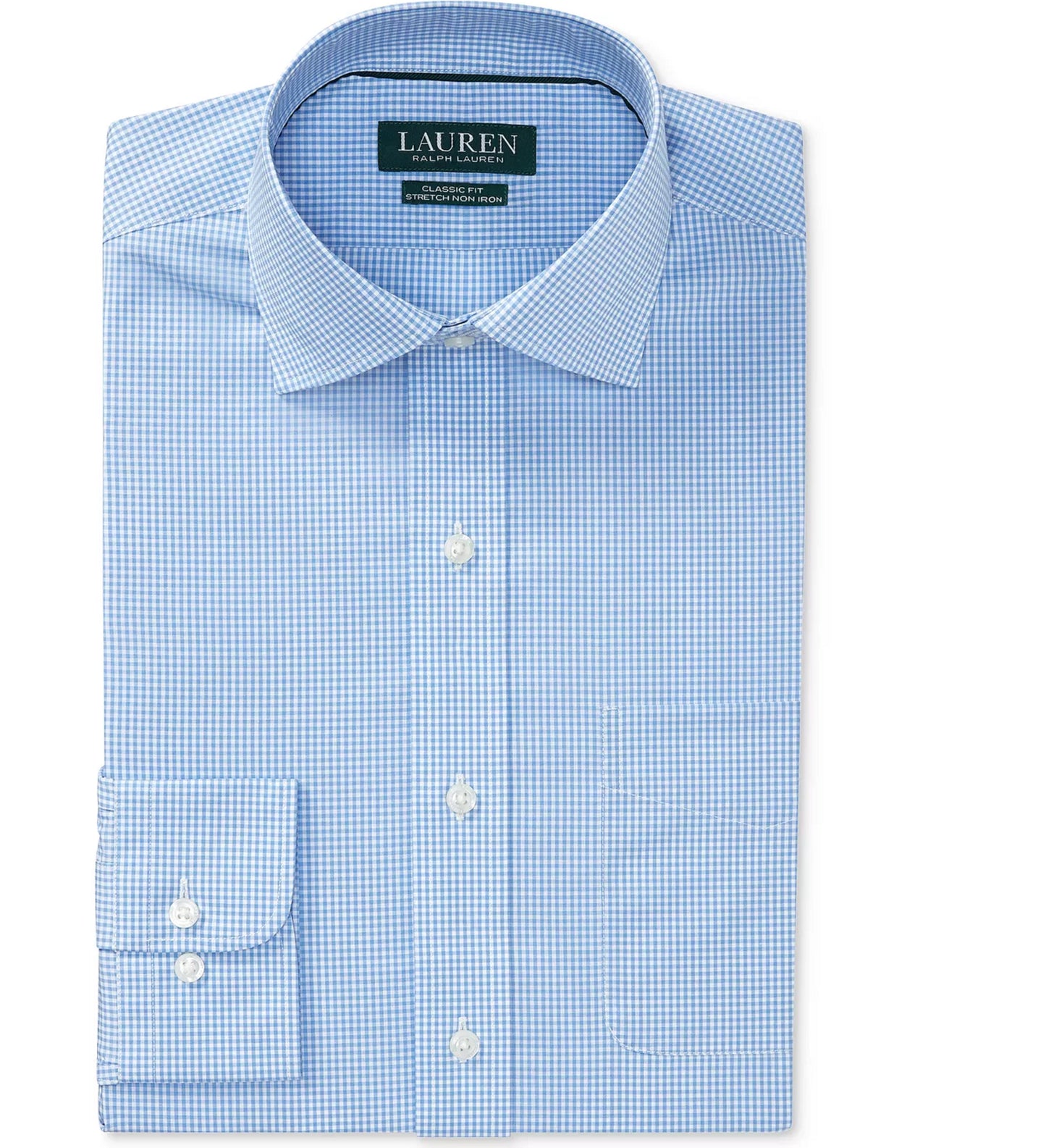 Ralph Lauren Men's Classic Regular Fit Non Iron Stretch Gingham Dress Shirt Blue Size 17X34X35
