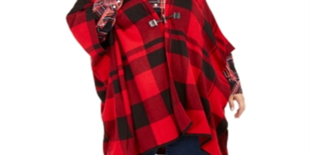 Tommy Hilfiger Women's Plus Plaid Poncho Sleeves Wrap Sweater Red Size XL