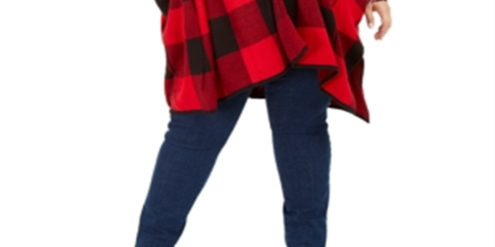 Tommy Hilfiger Women's Plus Plaid Poncho Sleeves Wrap Sweater Red Size XL