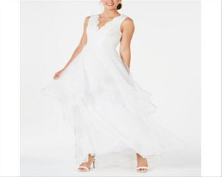 Adrianna Papell Women's Sleeveless V Neck Maxi Fit Flare Evening Dress White Size 8